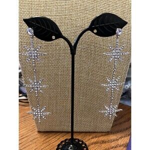 Rhinestone Starburst Earrings Triple Star Dangle Long 3.5"